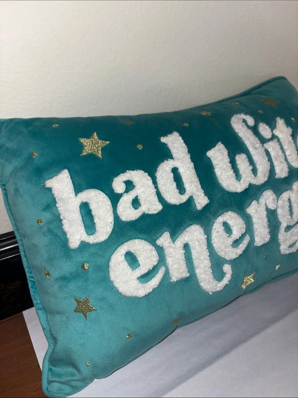 Teal Plush Pillow 'Bad Witch Energy' with gold stars ⭐️ 🌟⭐️⭐️⭐️⭐️